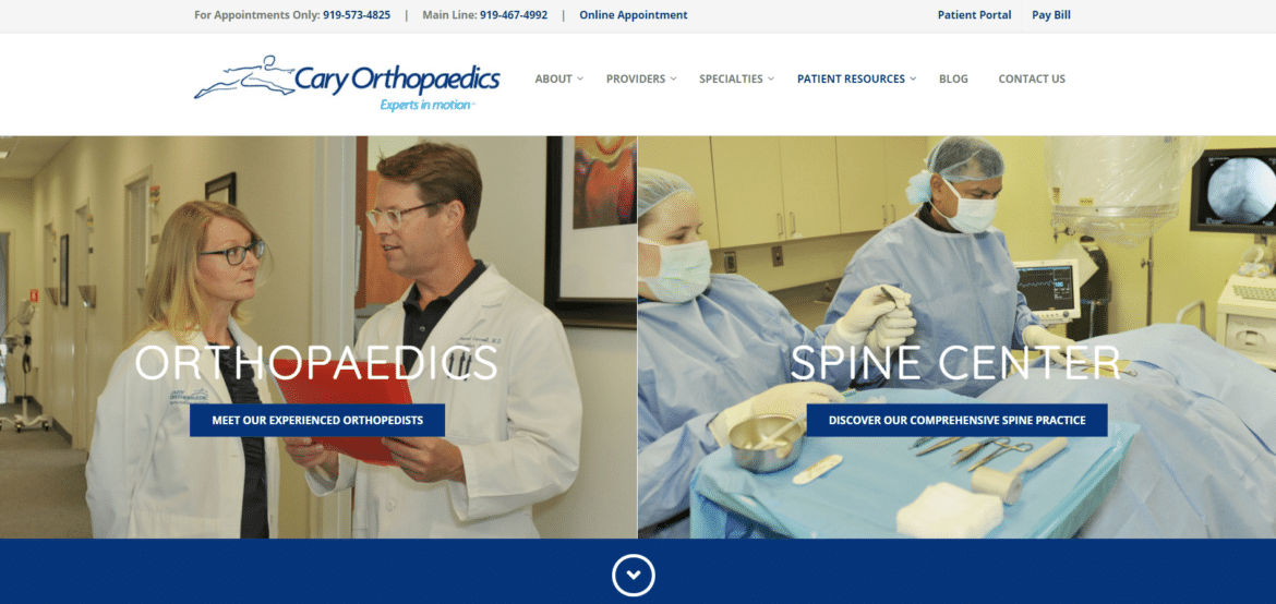 home page of Cary Orthopaedics website created by website developers in Raleigh