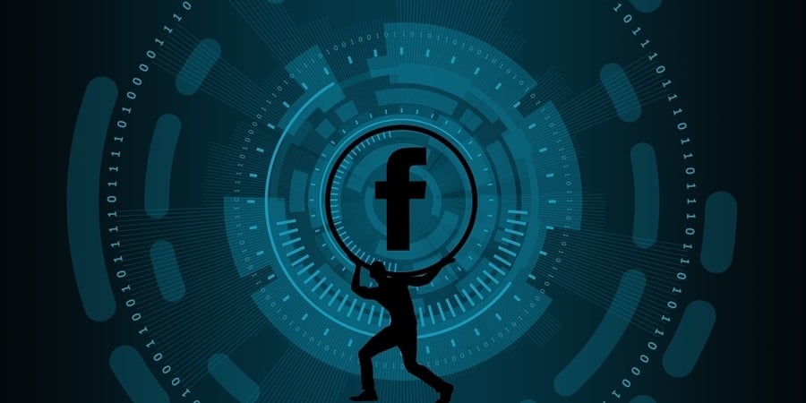 An image of an Atlas like figure holding up a Facebook logo as if it were the whole world.